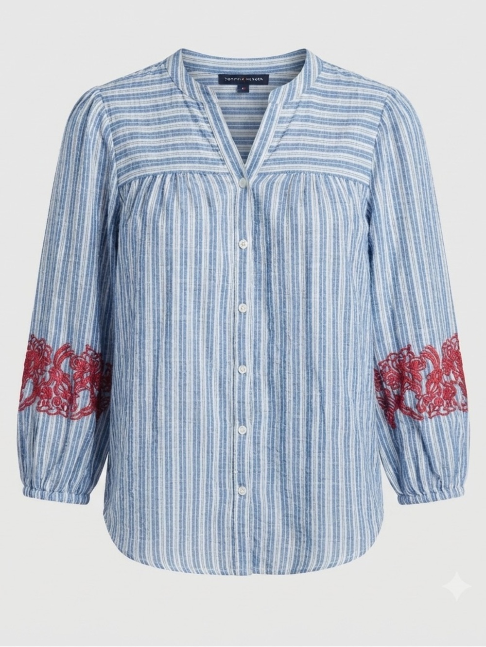 Tommy Hilfiger Blue Striped Embroidered Floral Tunic Blouse Top Preppy Nautical